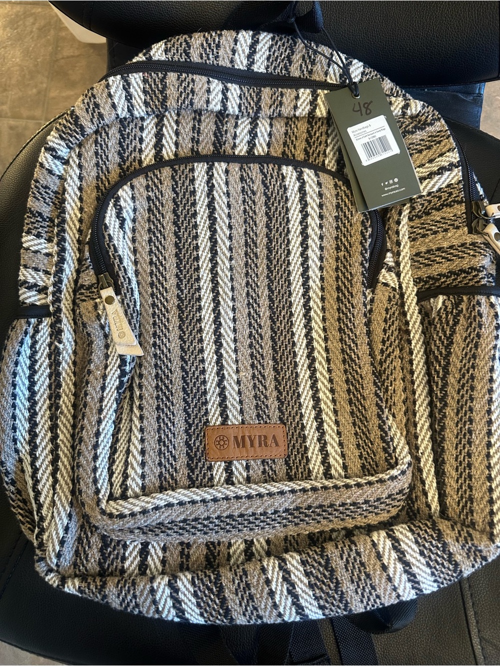 Myra Bag Striped Woven Canvas Backpack - Black, Cream & Brown